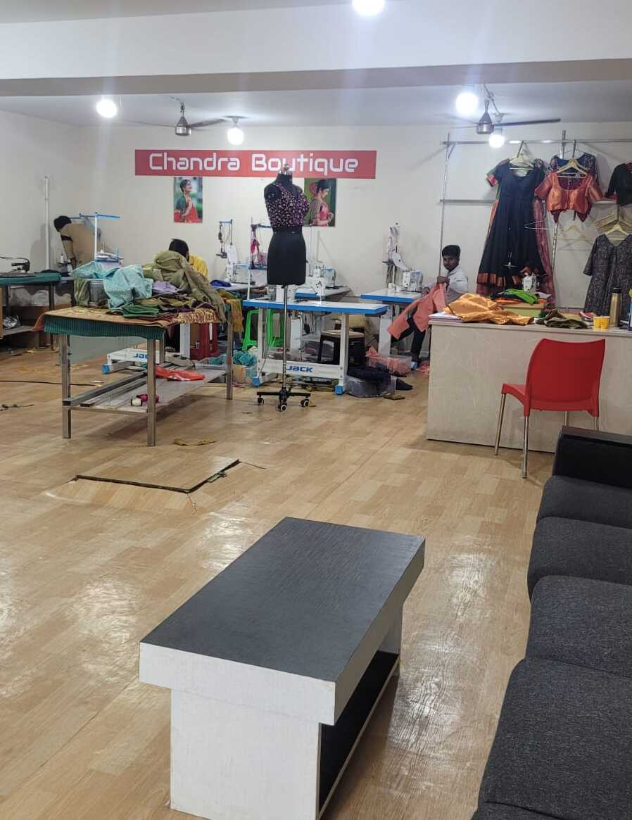 Chandra Boutique workshop team stitching bridal blouses in Kasturi Nagar, Bangalore